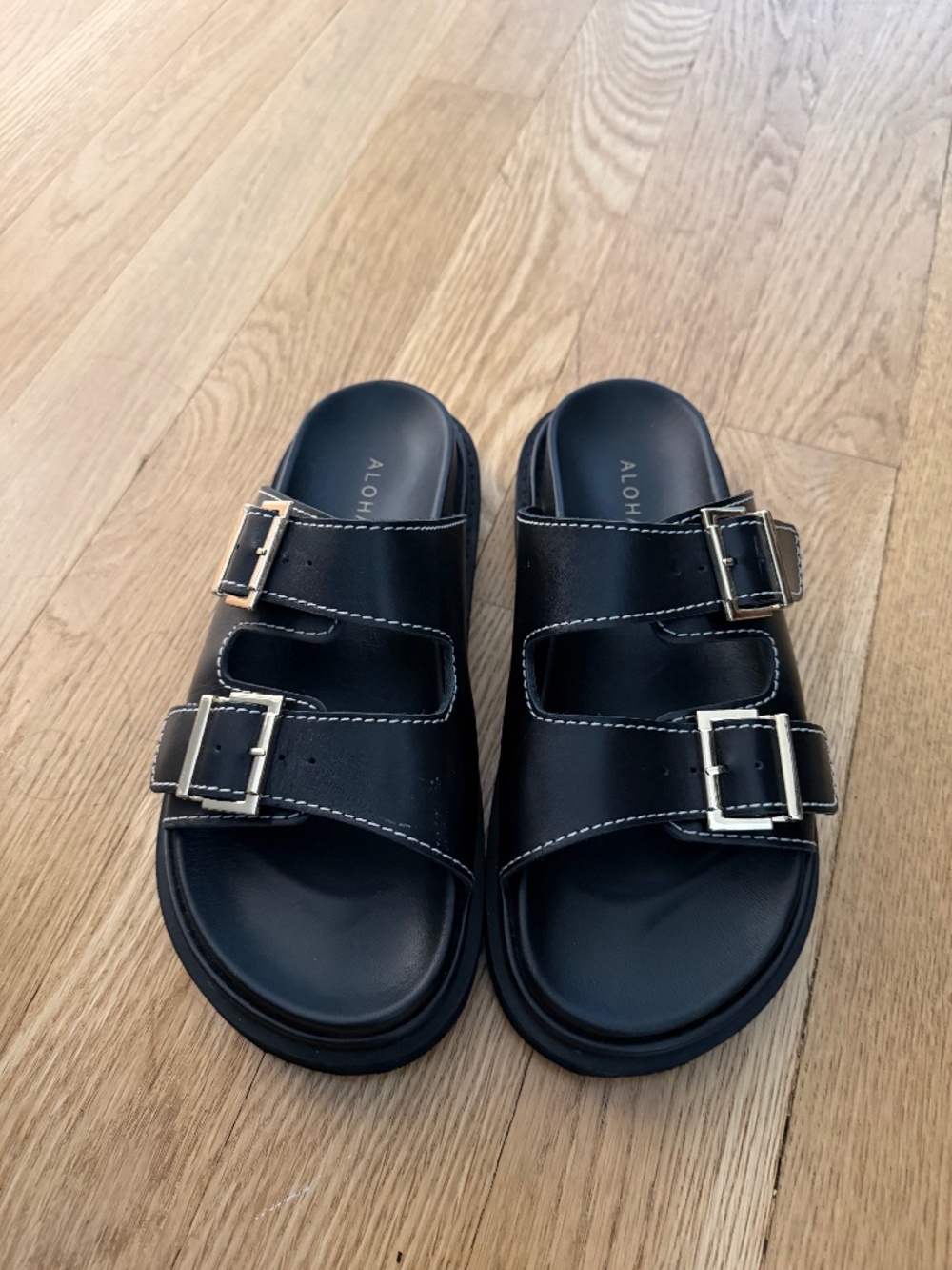 ALOHAS Black Double Buckle Slide Sandals